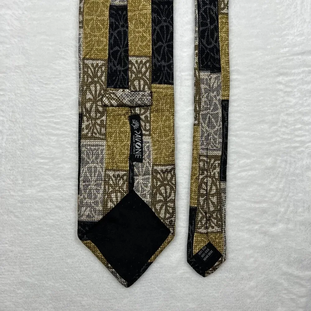 Pavone Mens Silk Necktie Tie Made in Italy Gold Black Geometric Medallion